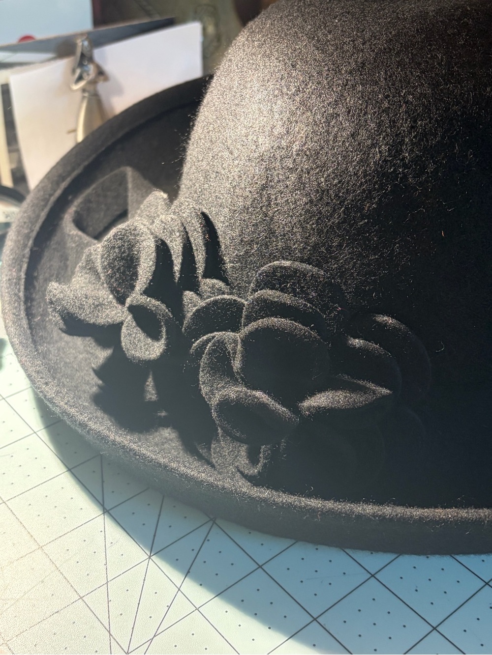 ADORA Black 100% Wool Cloche Hat with Floral Petal Accents